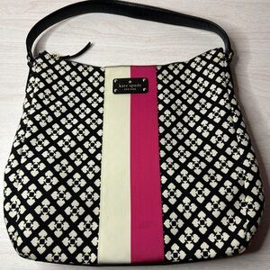 kate spade Black & White Pattern Hobo Bag with Pink Stripe